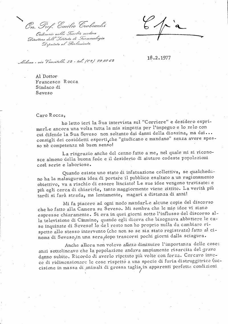 Diossina Seveso - Lettera del Prof. Trabucchi al Sindaco Rocca 02-1977