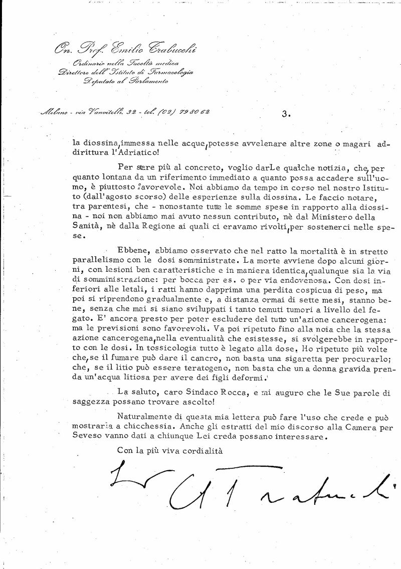 Diossina Seveso - Lettera del Prof. Trabucchi al Sindaco Rocca 02-1977