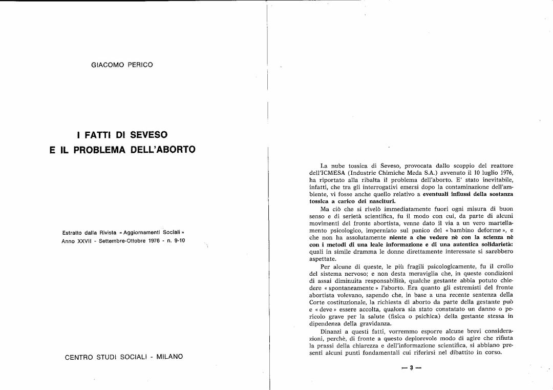 Diossina Seveso - Diossina Seveso - Giacomo Perico su Aggiornamenti Sociali I fatti di Seveso e il problema dell'aborto [10-1976]
